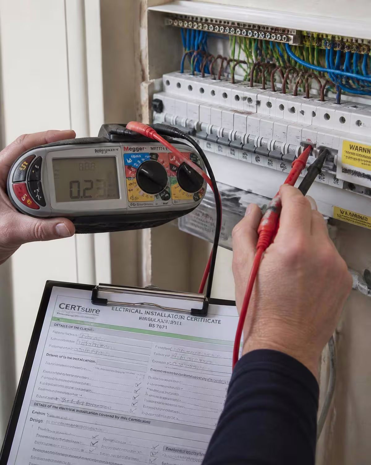Electrician testing a distribution board and completing a BS 7671 certificate